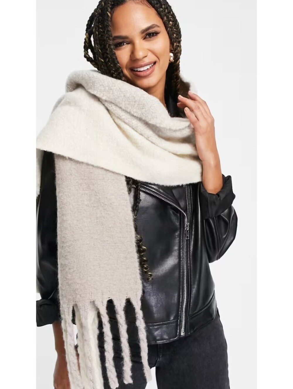 ASOS DESIGN Beige Two Tone Fluffy Tassel Scarf Oversized Winter Wrap One Size